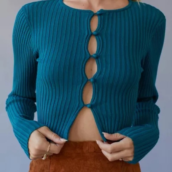 Urban Outfitters Sweaters - Urban Outfitters Teal Ribbed Cardigan Peyton Fitted Cropped Sz. L